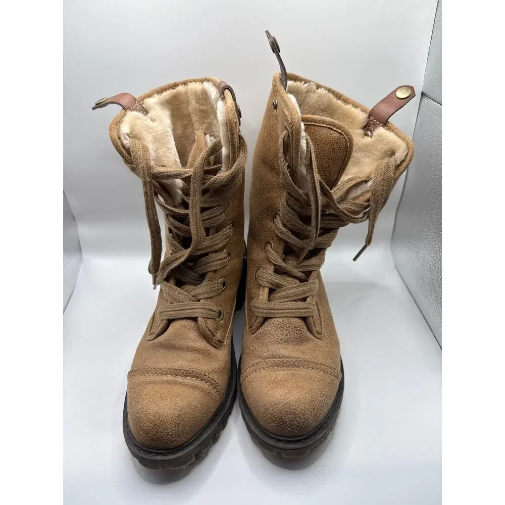 Roxy Bruna Women’s 6.5 Tan Faux Fur Lace-Up Lug Sole Combat Boots